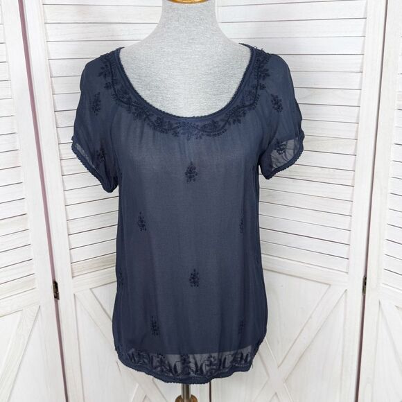 Lucky Brand Embroidered Sheer Chiffon Tee Shirt Navy Blue XS - Picture 1 of 11